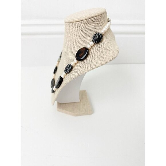 NWT Genuine Jasper, Pearls & Agate Necklace Beaded Gray White - Picture 5 of 5